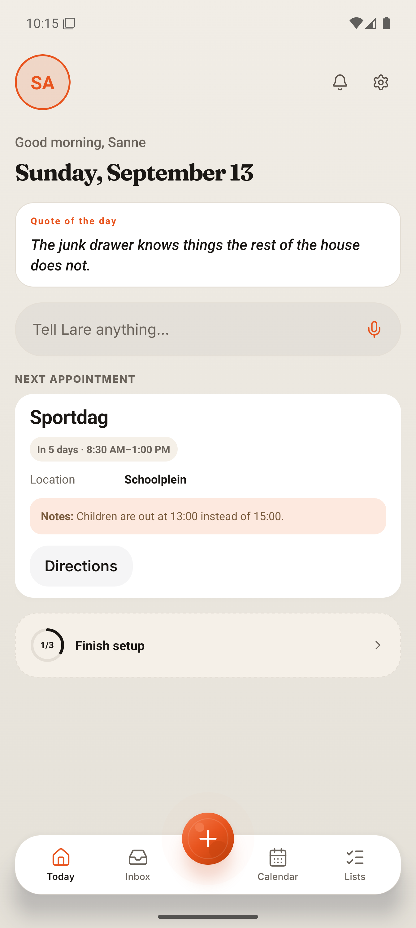The Today screen after the sports day was approved. Screen capture from the Larevio app