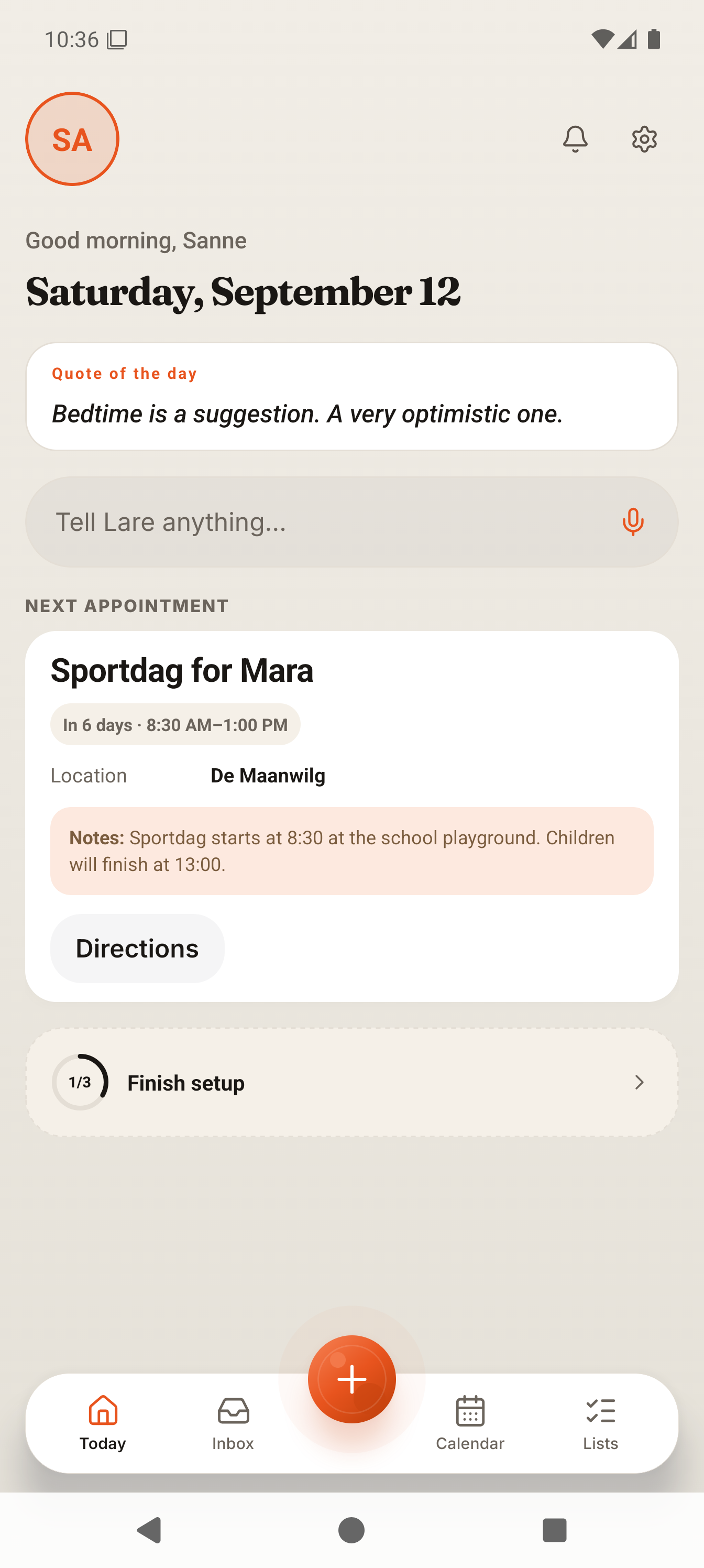 Het Vandaag-scherm nadat de sportdag is goedgekeurd. Schermopname uit de Larevio-app