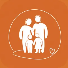 Het Larevio-appicoon: een wit gezin van vier in een cirkel, met een klein hart, op oranje